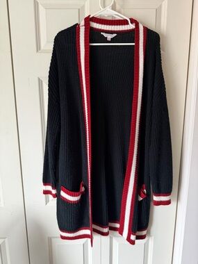 No Boundaries Black Cardigan with Red & White Trim